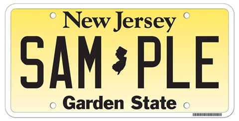 New Jersey standard passenger license plate with the Garden State legend